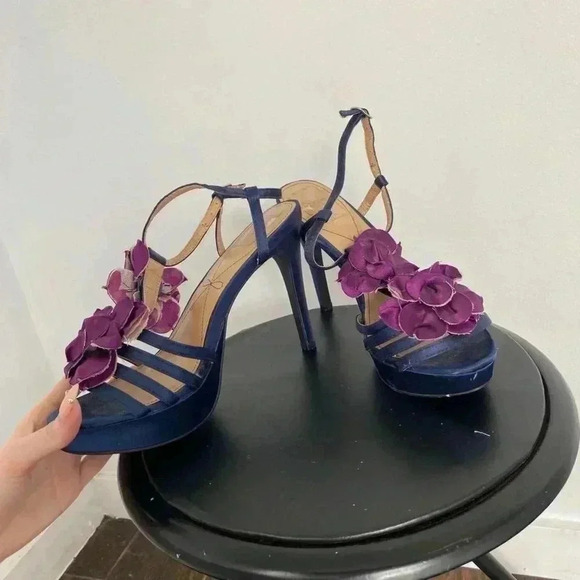 Satin blue & purple strappy heels. - Picture 2 of 5